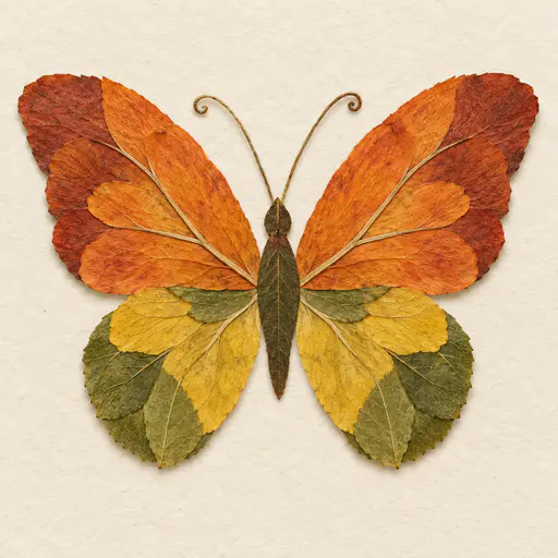 A top view butterfly built from flattened petals and leaves, large orange and rust upper wings, yellow and green lower wings, a dark leaf body, on cream paper.