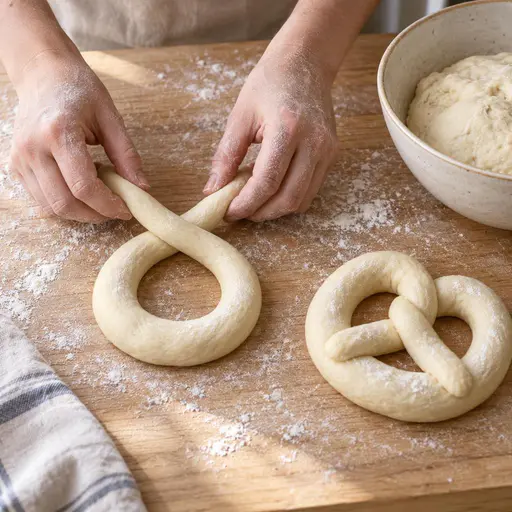Two hands shape a cream dough rope into a pretzel beside another raw pretzel and a bowl of dough.