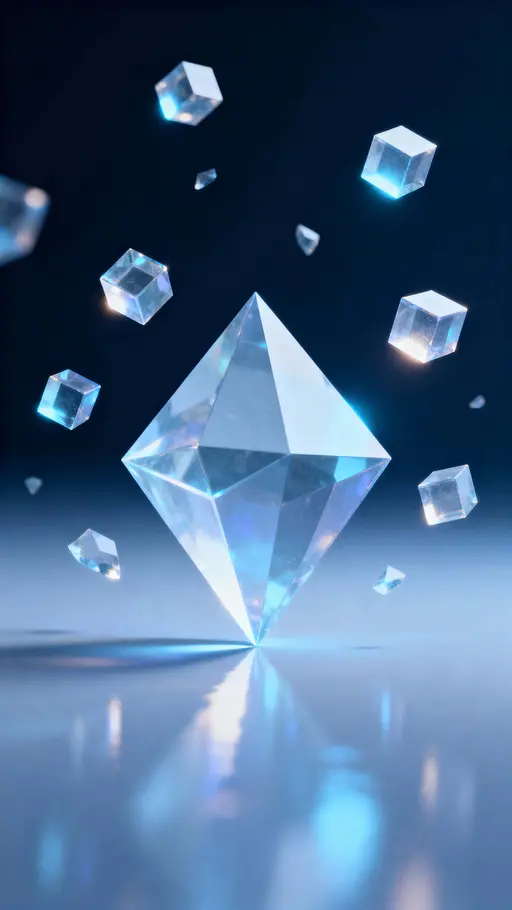 A central prism cube emits gentle cool light while small translucent cube shards hover at varied distances, catching edge highlights and casting soft reflections on a minimal gradient background.