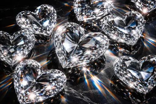 Wide 3:2 render of stacked lead-crystal prismatic hearts overlapping on a polished obsidian surface, casting rainbow caustics and sharp facet sparkles.