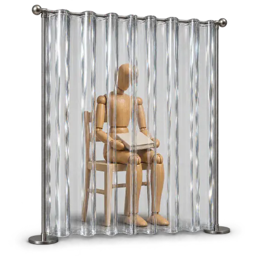 Privacy is a curtain made of glass: a closed, folded, clear-glass curtain still reveals a seated wooden reader and chair behind it, a metaphor for apparent protection that leaves you visible.
