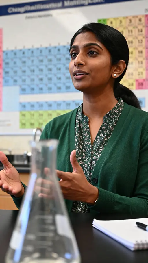 Priya pauses mid-explanation in a half-body chemistry portrait: forest-green cardigan, light-beige blouse and medium-brown skin, soft-blue beaker in foreground, neutral-gray periodic table backdrop, black marker on the table, eye-level with