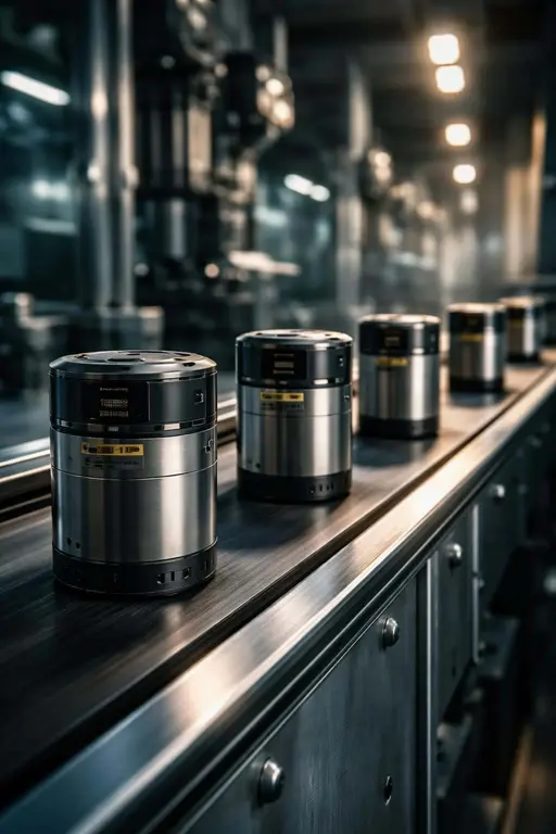 Low-angle industrial product photography of a production line, products moving left to right inside a 2:3 portrait crop, framed for a poster-cover with motion.