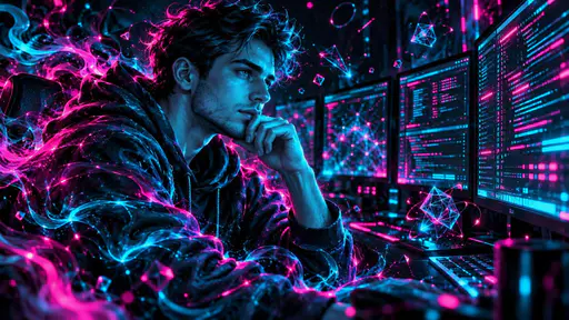 A thoughtful adult programmer with short dark hair and a hoodie stares at several glowing monitors full of code encircled by floating numbers and symbols in a dim room.