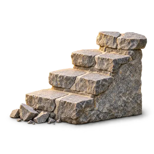 A miniature staircase of fractured grey granite slabs repaired with pale mortar seams rises upward, a next tread fitted from two matching broken halves, loose failed stones at its base. Visual metaphor: progress is a staircase made from missteps — mistakes become the stable structure supporting ascent.