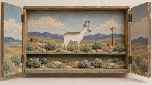 An open hinged cabinet holds a miniature sagebrush plain on three ledges in sage, ochre and dusty blue with a tiny fence and a pronghorn shaped opening in the back panel showing pale plaster behind.