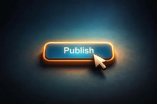 Close-up cinematic digital painting of a cursor hovering above a glowing Publish button, composed as a 3:2 poster-cover with dramatic contrast and depth.