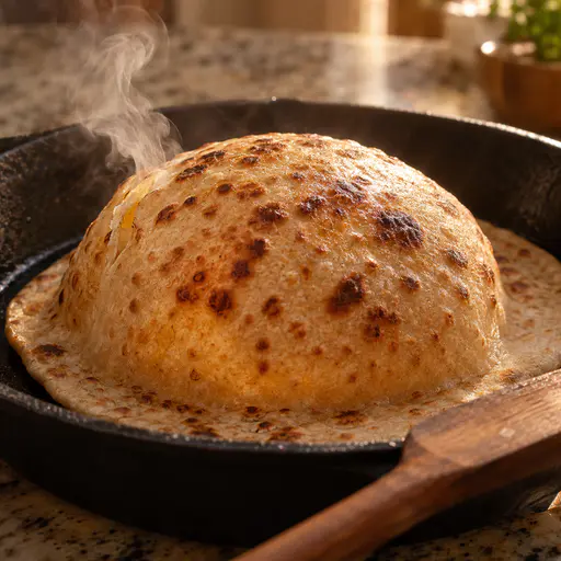 A flatbread puffed into a taut golden dome with brown blisters in a black cast-iron pan, a curl of steam rising from a split at its left and a wooden spatula resting at the lower right.
