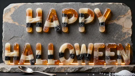 Photoreal 3D render of a full-frame pulled-ribbon candy sculpture spelling "HAPPY HALLOWEEN" with translucent amber, ivory and charcoal stripes sitting on a neutral stone slab.