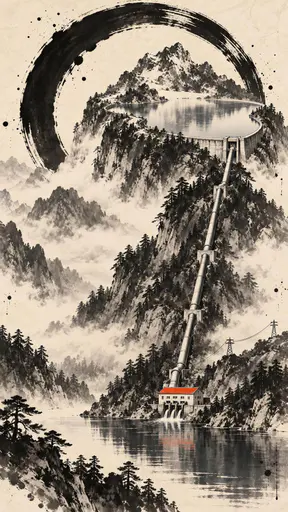 A pumped hydro storage scheme on a mountain with a summit reservoir, a steep penstock pipe falling through pine forest to a powerhouse beside a lower lake and a power line over the ridge.