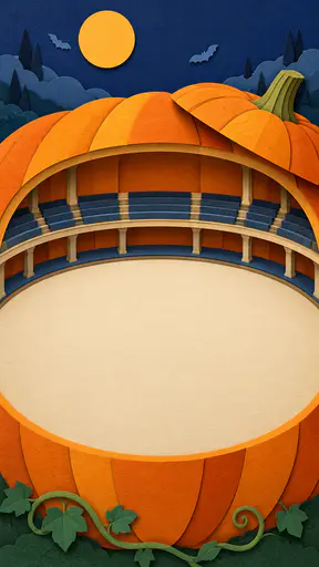 A huge layered paper-cut pumpkin fills the frame; inside its circular opening two low tiers of indigo and smoke-blue paper seating ring a vast empty parchment stage that spans the width of the lower half. The lid rests tilted at the upper right, a saffron paper moon and two bat silhouettes sit in the compact indigo sky, and a curled paper vine greens the base. A Halloween poster background in a shadow-box paper-cut style with a large calm copy-space field for separately typeset text.