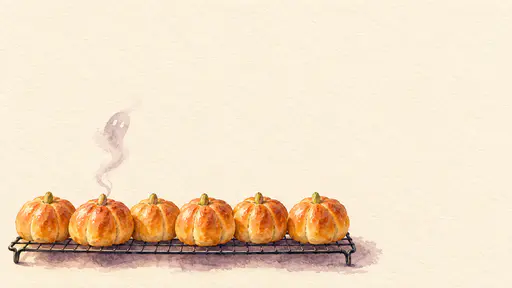 Watercolor Halloween bakery banner background: pumpkin-shaped buns on a cooling rack along the lower edge, a small ghost of steam rising, plain cream paper above for text.