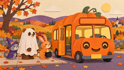 A layered cut-paper illustration of a friendly pumpkin-shaped bus with an open door at a curb, three costumed animal friends lined up to board — a gray cat in a purple wizard hat, a brown bear in a white ghost sheet and an orange rabbit with a blank black treat bucket — under a cream paper sky with rounded hills and an autumn tree. A warm, welcoming layered-paper scene for kids' Halloween and school themes.