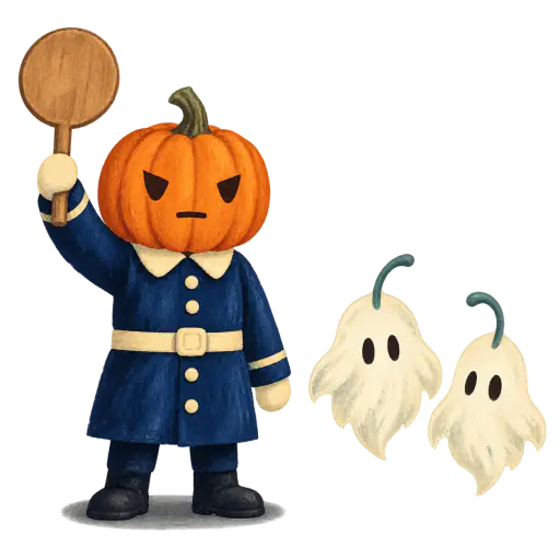 Gouache clipart of a pumpkin-headed crossing guard in an ink-blue uniform raising a blank wooden paddle overhead while two small cream leaf-shaped ghosts hover together waiting to cross; isolated halloween character on transparency with a soft contact shadow.