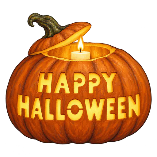 A broad orange pumpkin with a twisted green stem and lifted lid carries glowing carved HAPPY HALLOWEEN lettering in two rows, with a candle visible inside, isolated on transparency.