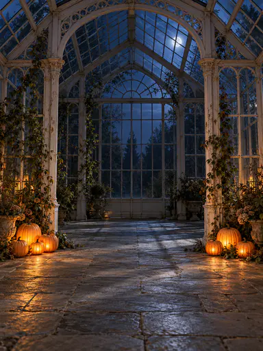 Photographic Halloween greenhouse backdrop for portrait insertion: an empty old glass greenhouse at night with seven small warm-glowing pumpkins clustered at the bottom edges of one tall arch, a clear central standing band from floor to above head height, a visible flagstone floor, and cool blue-grey moonlight through the panes balanced by warm lantern glow. Camera at eye level; the centre is the declared insertion zone and stays evenly readable.