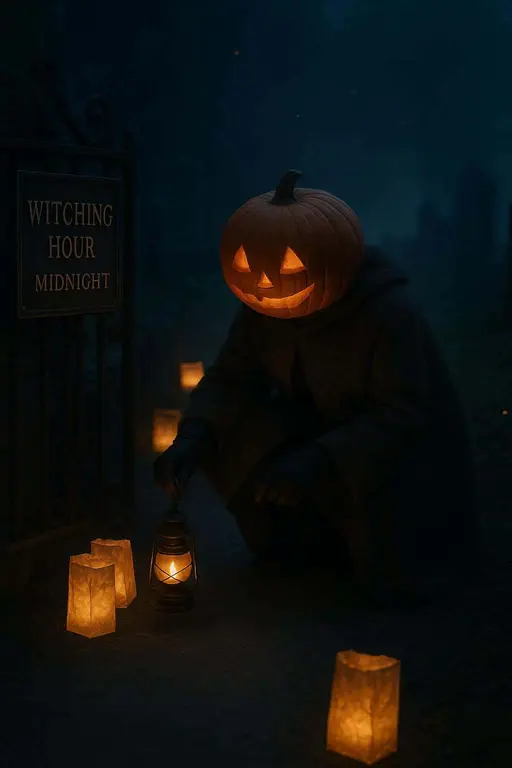 Pumpkin-head caretaker places candlelit luminaries along a historic cemetery path for a community Halloween walk, serene composition with fog and floating embers for atmosphere.