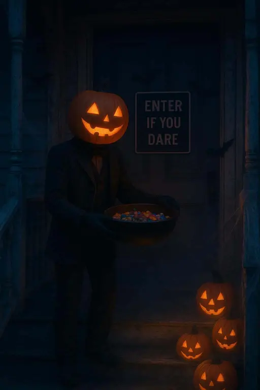 A pumpkin-head door greeter stands on a Victorian porch draped in cobwebs and paper bats, holding an oversized candy bowl while warm amber bulbs and cool moonlit blue create a classic Halloween mood.