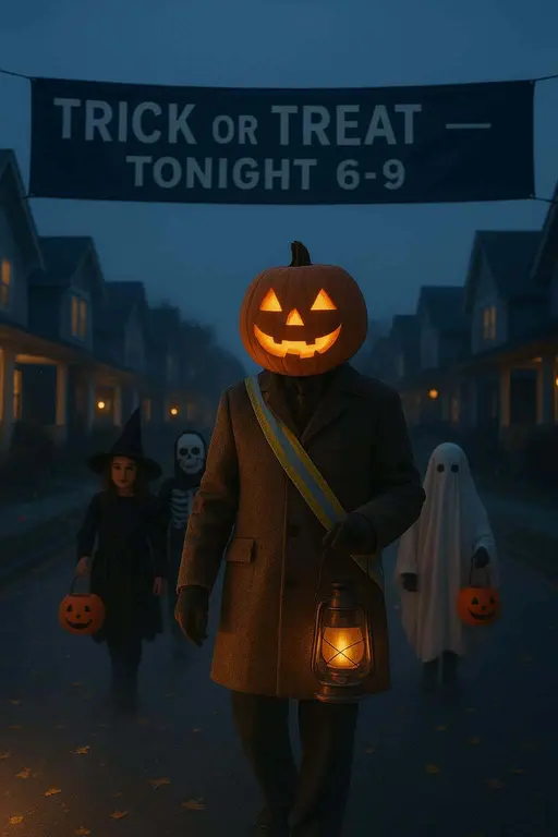 A pumpkin-head parade marshal leads a twilight neighborhood trick-or-treat procession with kids in classic costumes, glowing jack-o’-lantern grin, lantern raised, and a clean left banner space for headline.