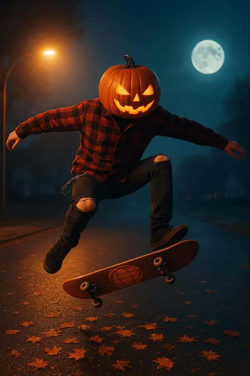 A pumpkin-head skater performs a mid-kickflip over fallen leaves on a quiet suburban cul-de-sac, playful and confident, with warm orange street glow and pale blue moon contrast.