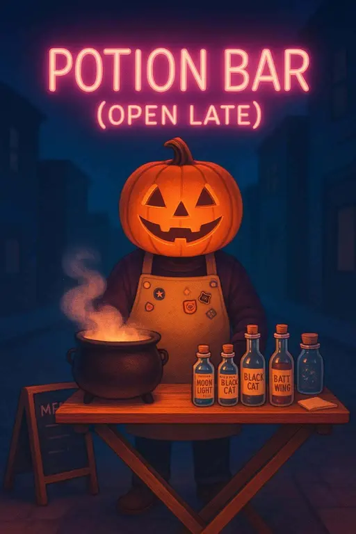 A pumpkin-headed vendor runs a sidewalk potion bar pop-up under a humming neon sign, with labeled bottles, dry-ice cauldron spilling vapor, and playful candy-colored Halloween lighting.
