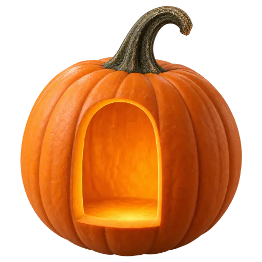 Studio-render pumpkin lantern isolated on transparency, its ridged orange body cut with a single tall arched window glowing warm amber, thick curved stem handle upright, no face, no shadow.
