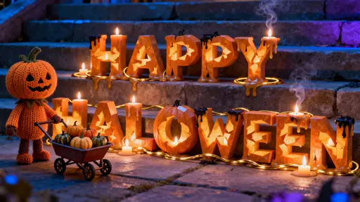 Full-frame 16:9 view of HAPPY HALLOWEEN carved from joined pumpkin lanterns with glowing candle cores, wax drips and soot halos, plus a knit-and-felt pumpkin-head by a wheelbarrow; colors: #FF8C00,#1B1B1B,#0B3D91,#7D7F83,#F5E6C8.