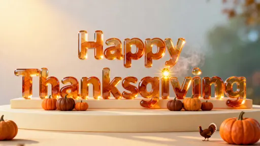 Cinematic 16:9 scene of translucent pumpkin-orange glass letters centered on a matte cream platform with a warm gradient backdrop, clustered miniature pumpkins, subtle amber interior glow, and a tiny hidden turkey reflection.