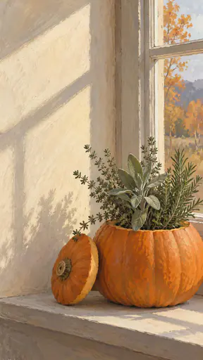 Kitchen windowsill with a hollowed muted orange pumpkin planter holding sage green herb sprigs, its cut lid leaning like a small sun while the tallest sprigs bend toward it beside a warm white wall.