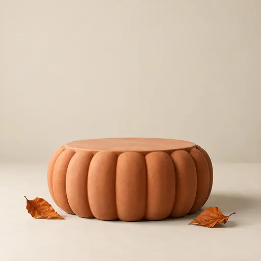 A square studio photograph of a low terracotta pedestal with vertical ribs like a faceless pumpkin, an empty round top, one small side shadow on a cream surface and clear wall space above for product and headline use.