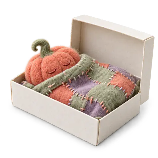 A small needle-felted pumpkin with a stitched sleepy face lies in a plain unprinted cardboard matchbox bed under a patchwork felt blanket, the tilted lid serving as a headboard and a soft contact shadow beneath. Cute handmade Halloween sticker and clipart art on a transparent background.