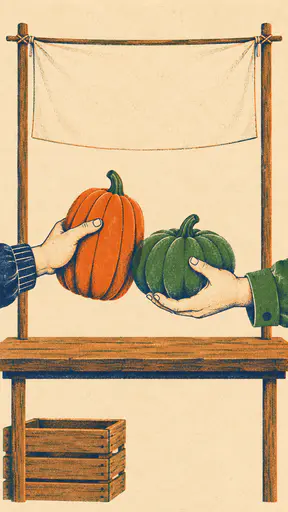 Risograph-style Halloween market poster background: two flat ink hands exchange an orange and a green pumpkin over a small wooden stall, beneath a large blank cream banner with open copy space, printed in burnt orange, navy and leaf green on cream paper.