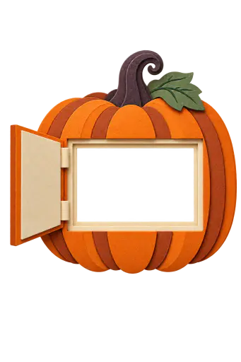 Layered paper-cut pumpkin picture frame seen straight on, its front cut into a broad empty rectangular window with a hinged rind panel standing open at the left side; ridged lobes, curled stem and leaf, transparent interior ready for a Halloween photo.