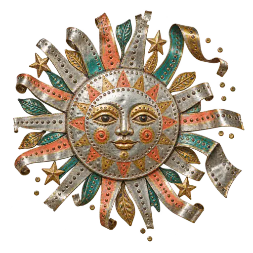 A punched-tin relief slice of a radiant sun medallion with hammered rays and painted accents, its metal edge curling loose on transparency.