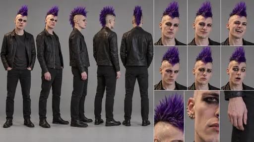 A 16:9 studio character sheet of a punk with a tall violet mohawk in a black leather jacket and black jeans, shown in five full-body views, six expressions and three close details of hair, face and hand.