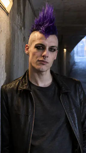 A wiry punk with a tall spiked violet mohawk and shaved sides, heavy black eyeliner, silver ear studs and a septum ring, in a plain black leather jacket over a charcoal t-shirt, against bare concrete in a lamp-lit underpass.