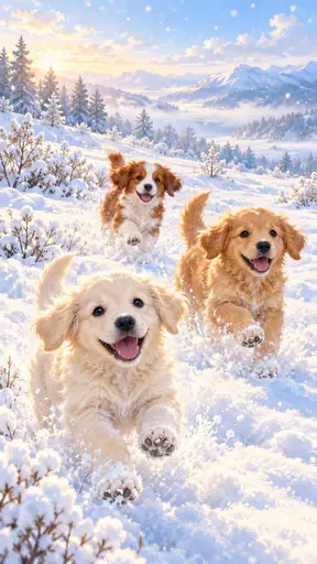 Three fuzzy puppies race through fresh snow with open mouths while hazy pale gradients melt into open space above them.