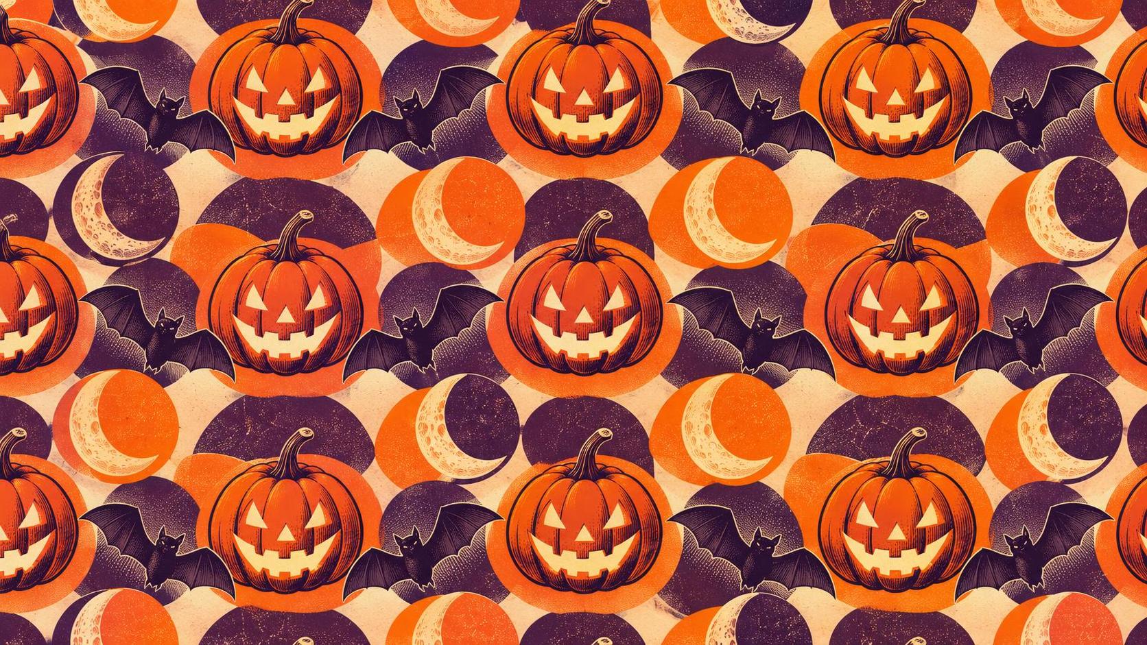 A tiled halloween pattern with jack-o'-lanterns, bats and moons in purple and orange.