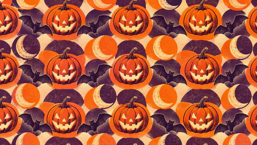 A tiled halloween pattern with jack-o'-lanterns, bats and moons in purple and orange.