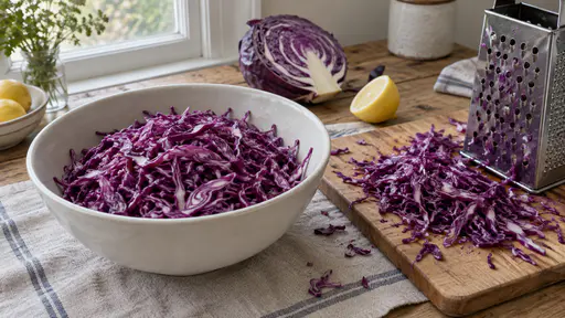 Fine ribbons of purple cabbage are heaped in a white ceramic bowl on a scrubbed pine table beside a box grater, a pile of ribbons on a board, a halved lemon and the cabbage core in bright light.