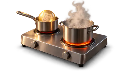 Putting an idea on the back burner: a glowing bulb holding a folded plan simmers faintly in a rear saucepan while the front pot boils hard, deferring an idea without discarding it, isolated on transparency.