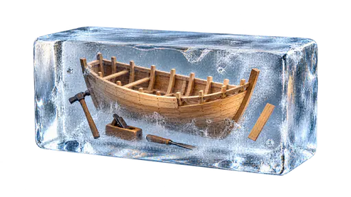 Putting something on ice: a half-built miniature wooden boat with its tools and one loose final plank suspended intact inside a clear rectangular ice block, the unfinished project preserved and resumable.