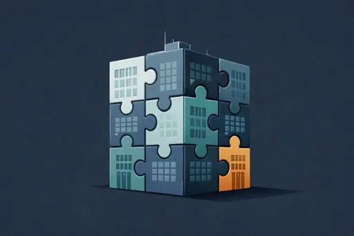 Vector illustration of interlocking puzzle pieces assembled into a corporate building silhouette, crafted for a poster-cover to communicate strategy and structure.