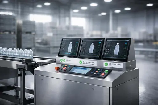 Industrial quality-check station with multiple inspection screens captured as clean product photography for a poster-cover, framed precisely in a 3:2 card ratio.
