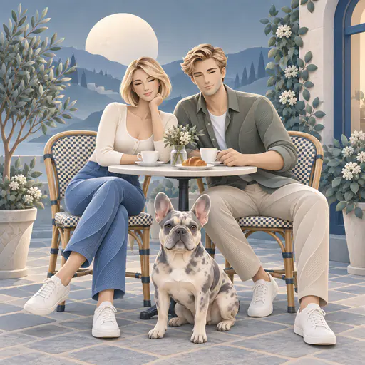 A smooth sculptural cafe scene shows a couple and a French bulldog beneath a large moon and layered distant hills.