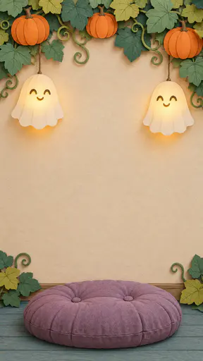 Layered paper-cut classroom poster background: a pumpkin-vine canopy with two smiling ghost paper lanterns hangs over a violet floor cushion, leaving a broad blank central wall for copy.