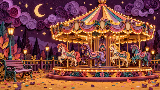 A quilled paper carousel with a striped canopy and four horses stands still with its bulbs glowing under a plum night sky beside an empty bench and scattered confetti.