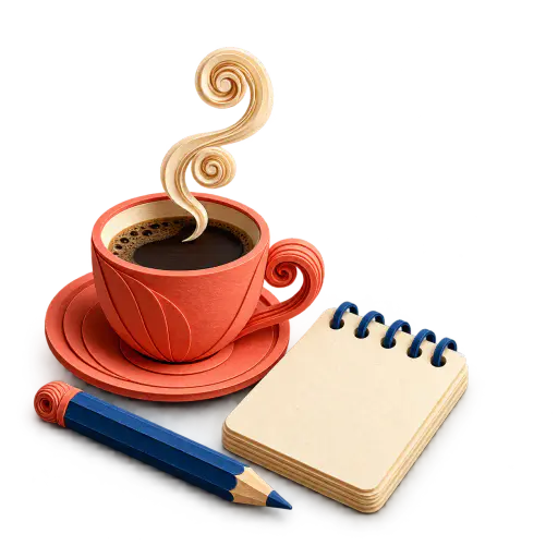 A coral paper coffee cup with a quilled steam curl, a blank cream notepad and a pencil are arranged diagonally in one corner on a transparent background.