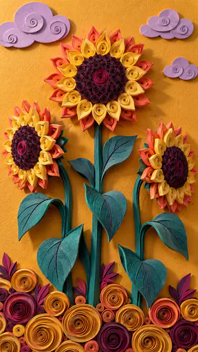 Three sunflowers with quilled butter yellow and coral spiral heads and plum centres, teal paper leaves, ochre paper coils on the ground, lilac cutout clouds above.