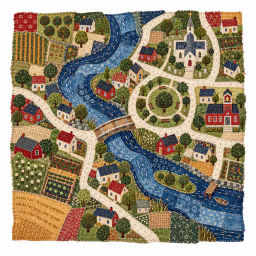 A quilted map of a river town seen from above has an appliqued blue river, stitched roads, fabric houses, a bridge, a round park and a church in faded red, indigo and moss.